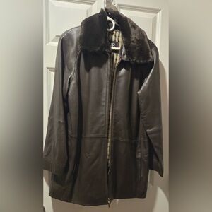 Women's Black Genuine Leather Jacket with Removable Faux Fur Collar